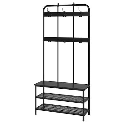 PINNIG Coat rack with shoe storage bench, black, 193x37x90 cm