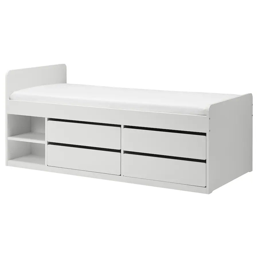 IKEA SLÄKT Bed frame w storage+slatted bedbase, white, 90x200 cm (including mattress)