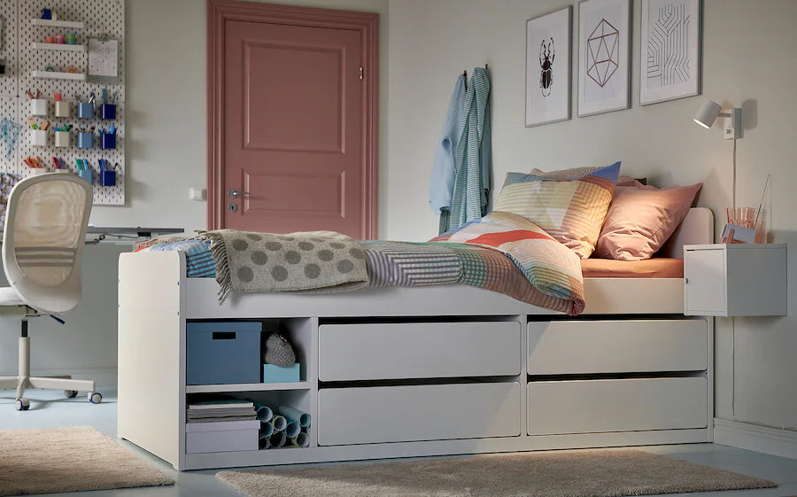 IKEA SLÄKT Bed frame w storage+slatted bedbase, white, 90x200 cm (including mattress)