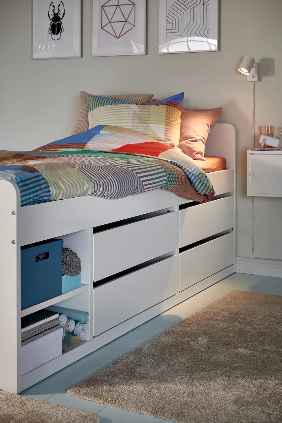 IKEA SLÄKT Bed frame w storage+slatted bedbase, white, 90x200 cm (including mattress)